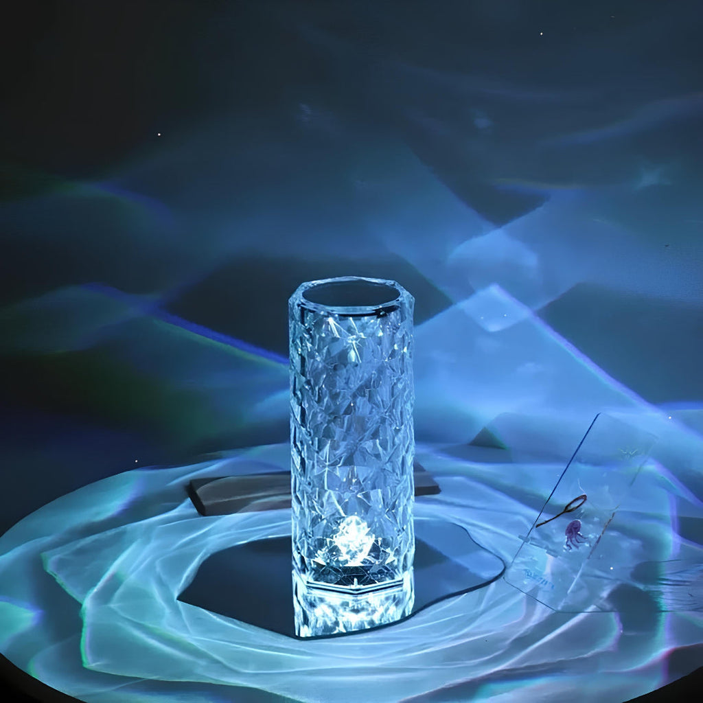 Crystal Table Lamp - Faceted Cylinder Light with Pattern Projection