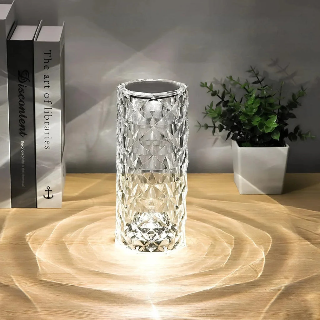 Crystal Table Lamp - Faceted Cylinder Light with Pattern Projection