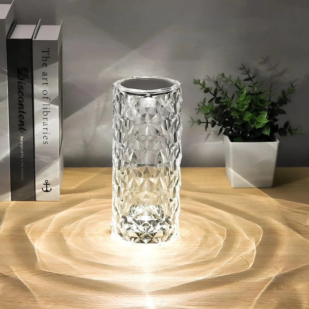Crystal Table Lamp - Faceted Cylinder Light with Pattern Projection