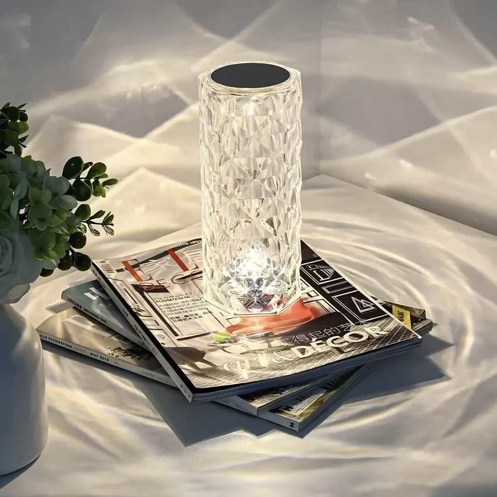Crystal Table Lamp - Faceted Cylinder Light with Pattern Projection