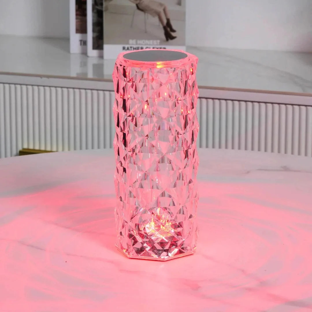 Crystal Table Lamp - Faceted Cylinder Light with Pattern Projection