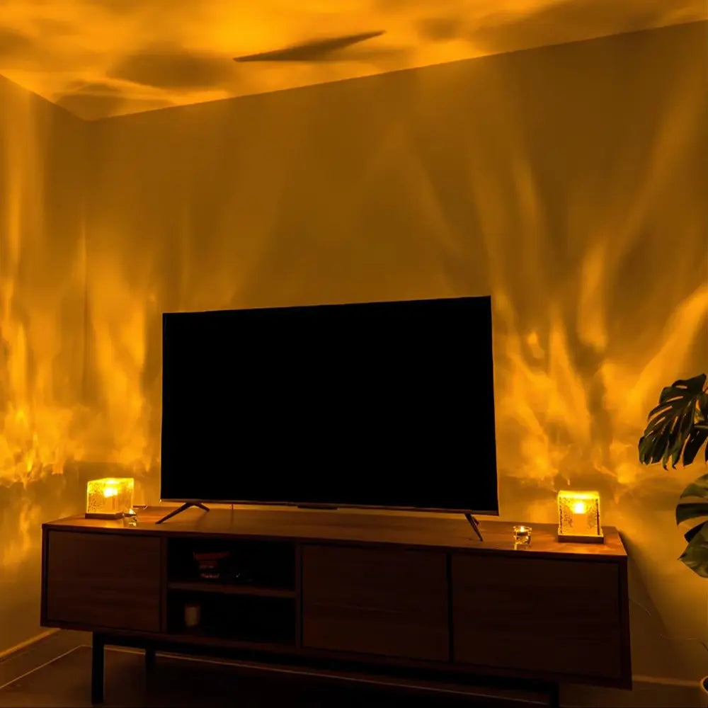 Water Ripple Projector Lamp - Cube Table Light with Textured Shade